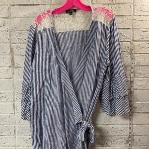 Suzanne Betro Chambray Stripe Wrap Top Blouse Tiered Ruffle Sleeves Lace XL